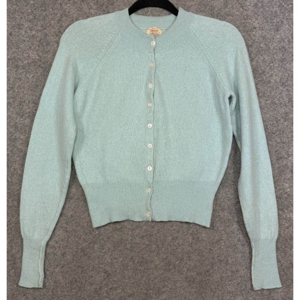 Vintage Ballantyne Pure Cashmere Cardigan Sweater Small Light Blue Scotland 50s